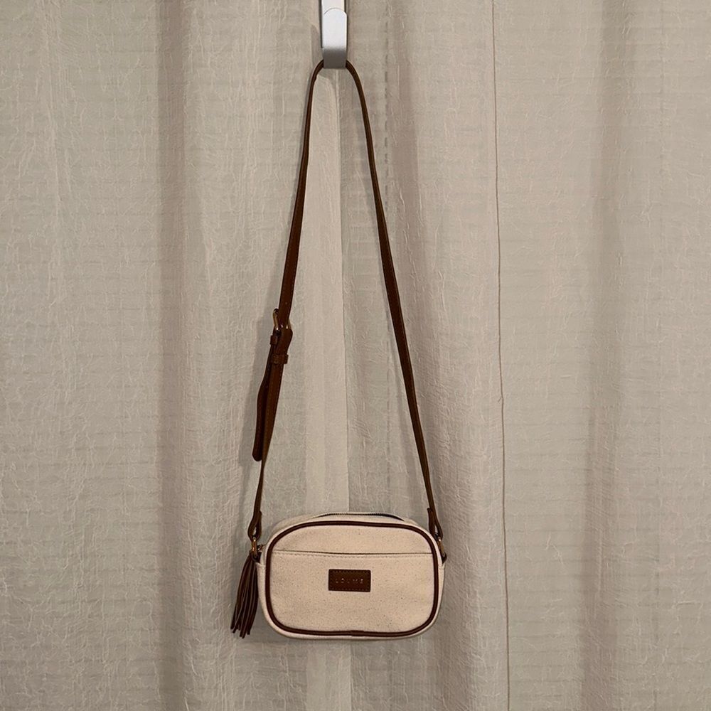 LOUME Ivory Cotton Canvas Faux Cognac Leather Small Crossbody Bag Purse